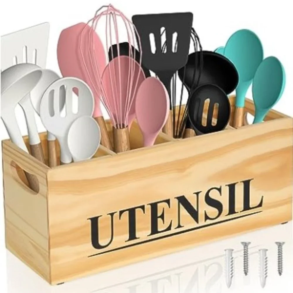 XL - Pine Wood Kitchen Cooking Utensil Holder - 4 Removable Compartments